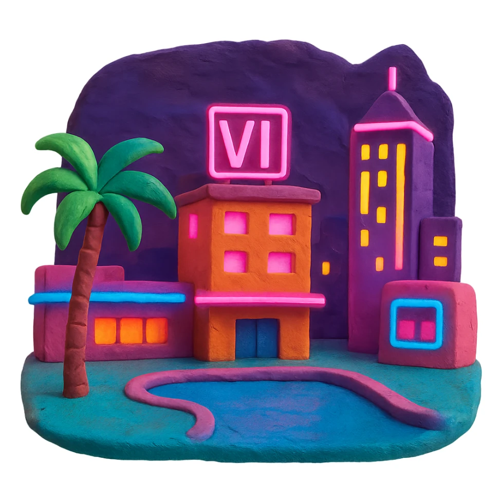 claymation style neon city with palm tree inspired by GTA 6 sticker