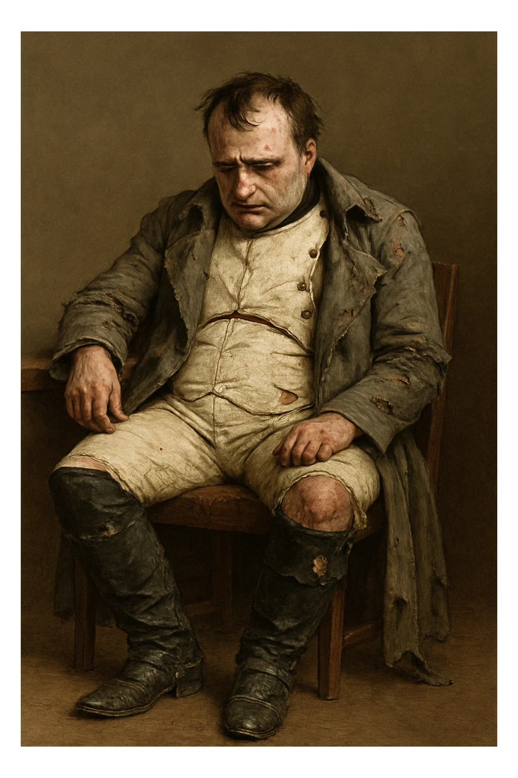 Грустный наполеон бонапарт, сидит в рваной одежде, как будто после боя, он грустный. На однородном фоне sticker