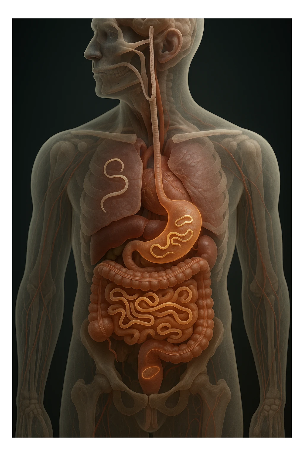 Vertical, hyper-realistic 3D cutaway illustration: the human body is shown in semi-transparent layers, exposing various types of parasites (tapeworms, roundworms, protozoa) inside the digestive tract and other organs. The parasites are rendered in vivid detail, with realistic lighting and shadows. Key areas of infection are highlighted sticker