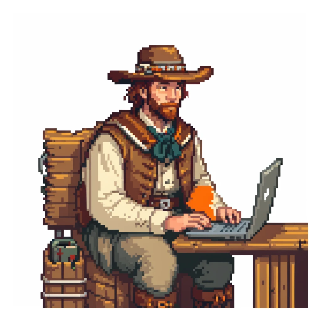 Pioneer settler in old frontier clothing sitting at a modern laptop computer sticker