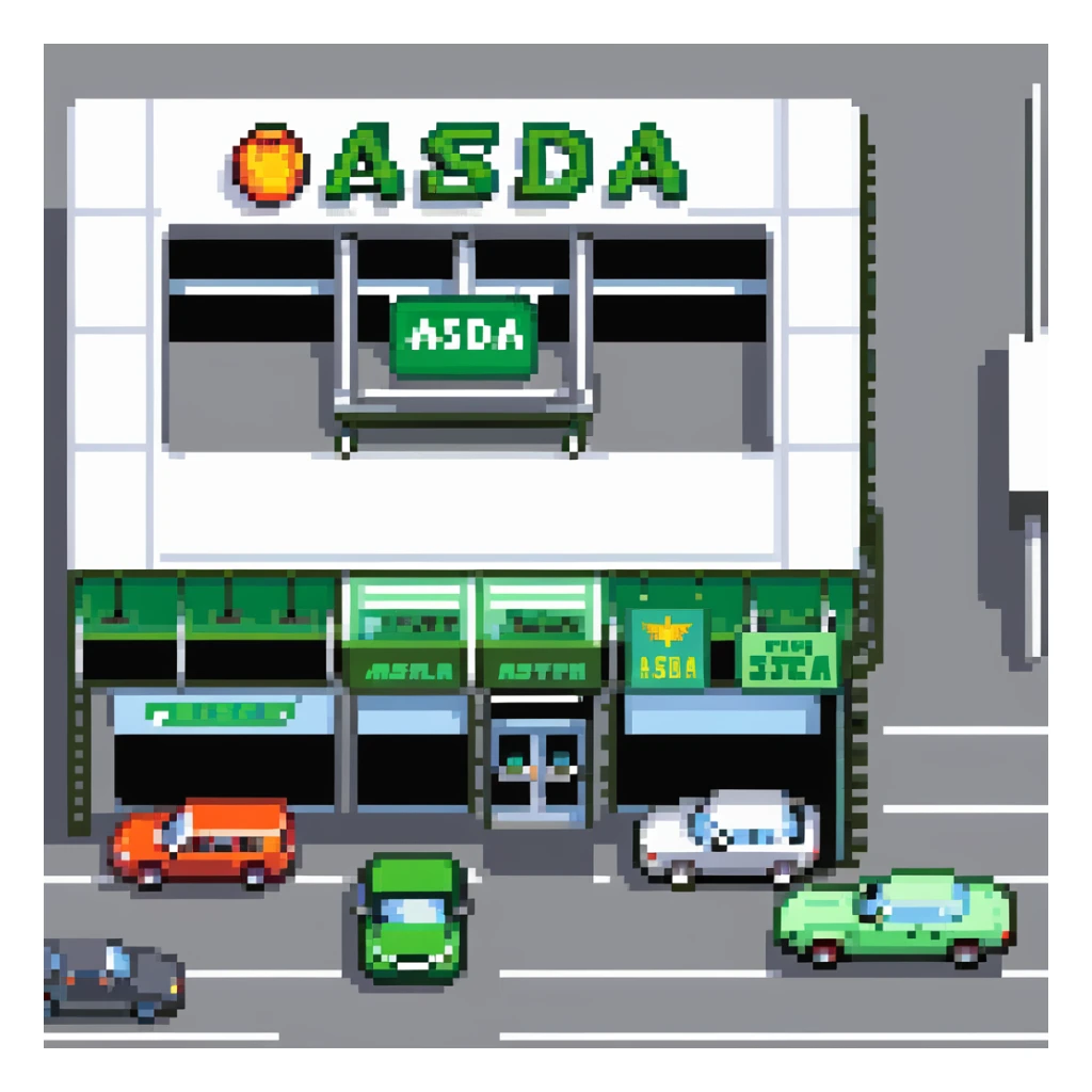 Isometric view of an ASDA supermarket building with green signage, large glass entrance, shopping trolleys bay, and car park with British cars sticker
