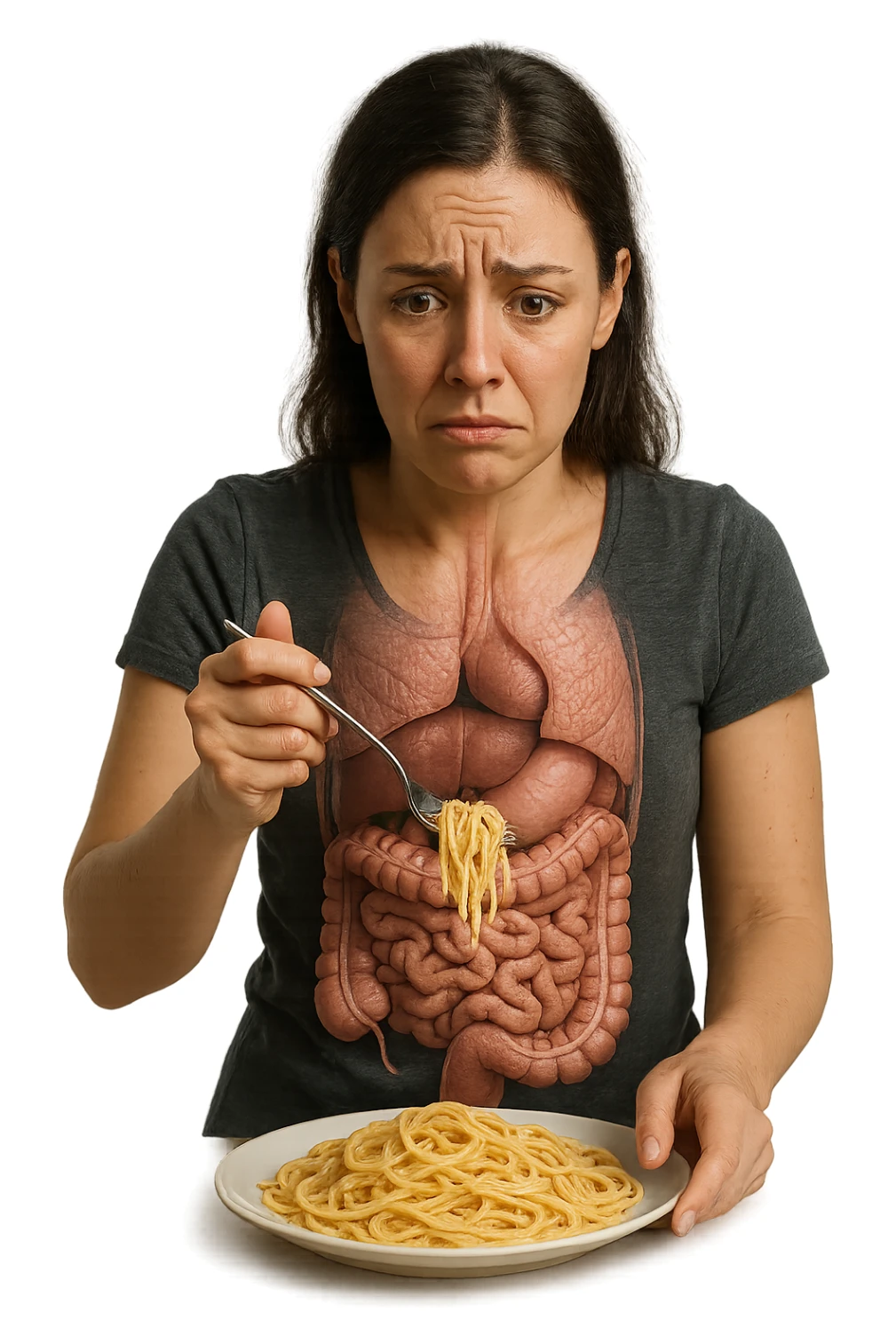 donna con  espressione ansiosa mentre mangia un piatto di pasta affamata, intestino anatomico visibile, iperrealistiche 4k sticker