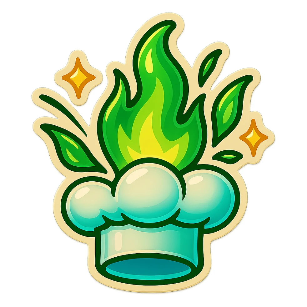 chef's hat explode with trails of fires, emoji, playful, magic flame green gradient, vibrant, flame matching style reference file sticker