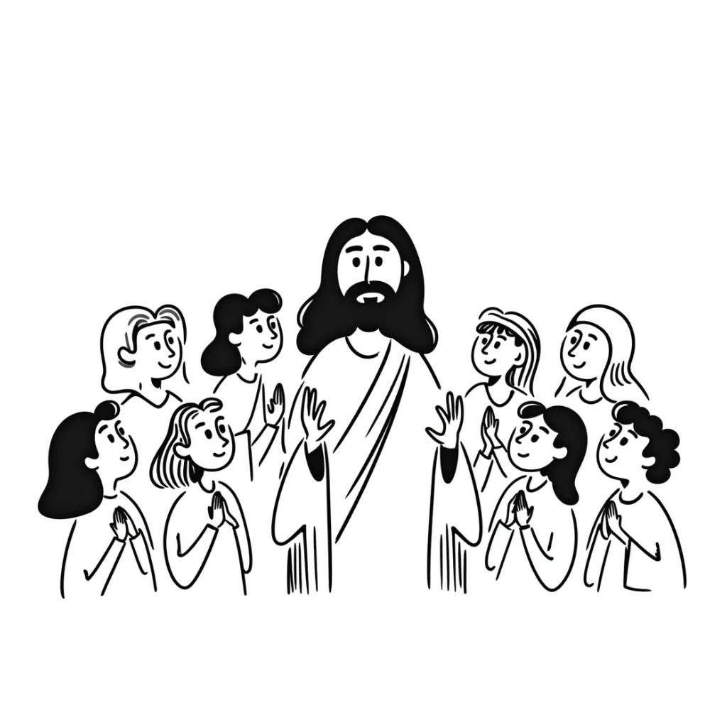 Jesus surrounded by his disciples and followers, peaceful gathering sticker