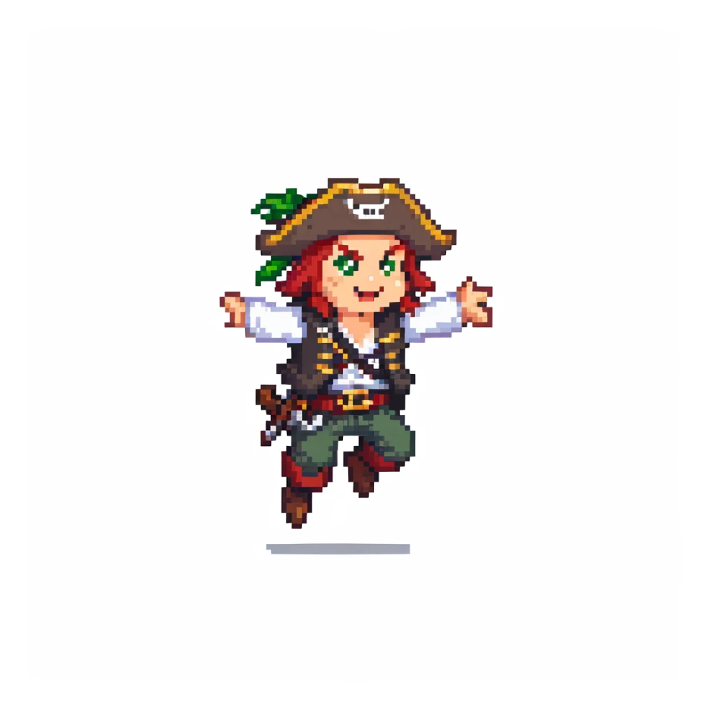 pirate character jumping animation, 32-bit style, game sprite, mid-air sticker
