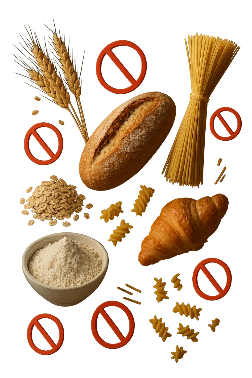 cereali, pane, pasta e farine realistici fluttuano in aria con piccoli divieti 3d, IPERREALISTICO 4K sticker