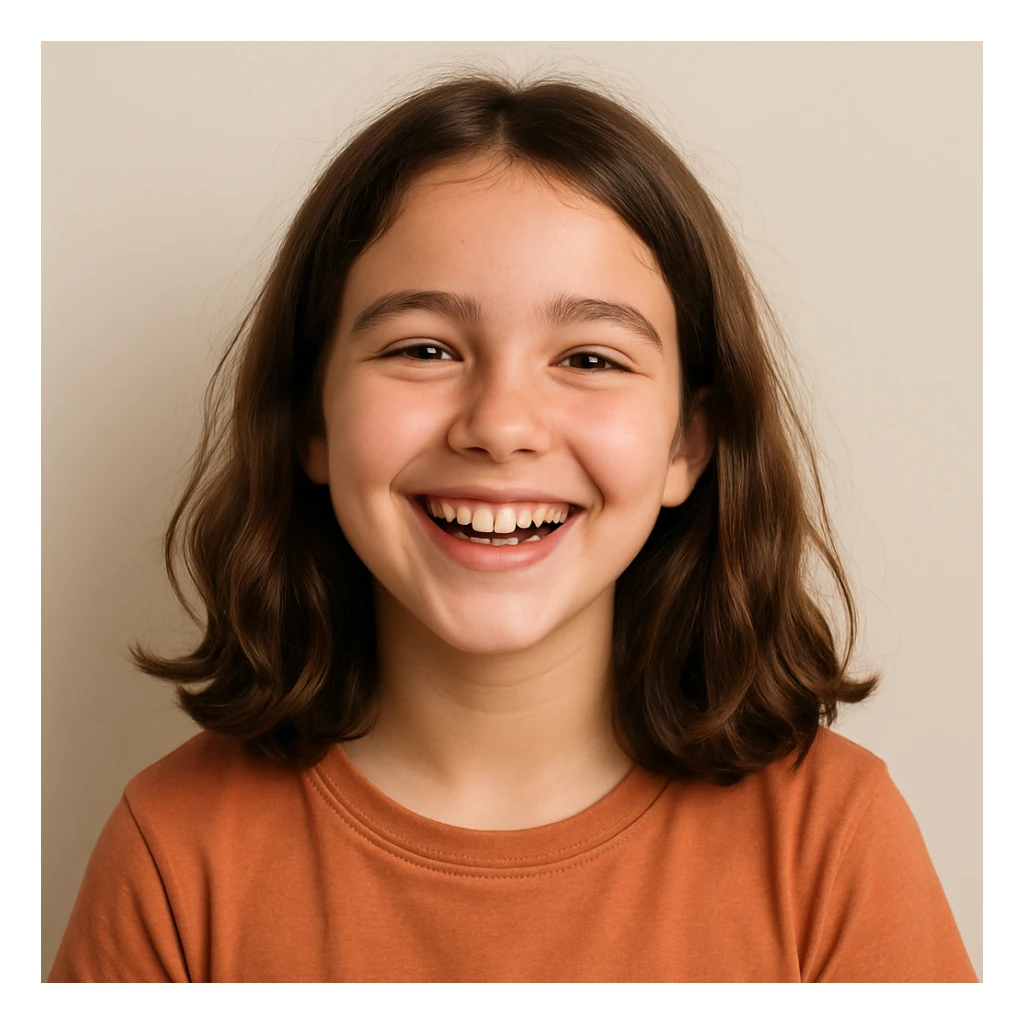 girl with medium length straight wavy hair, cheerful, plain background sticker