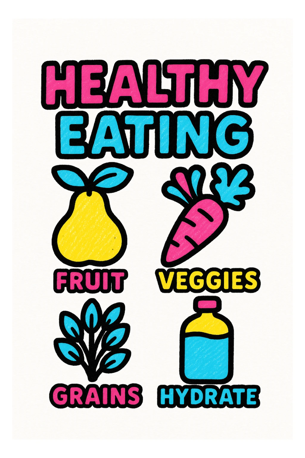 pop art style infographic on healthy eating with vibrant colors, simple geometric shapes, bold text, featuring icons for fruits, veggies, grains, and hydration sticker
