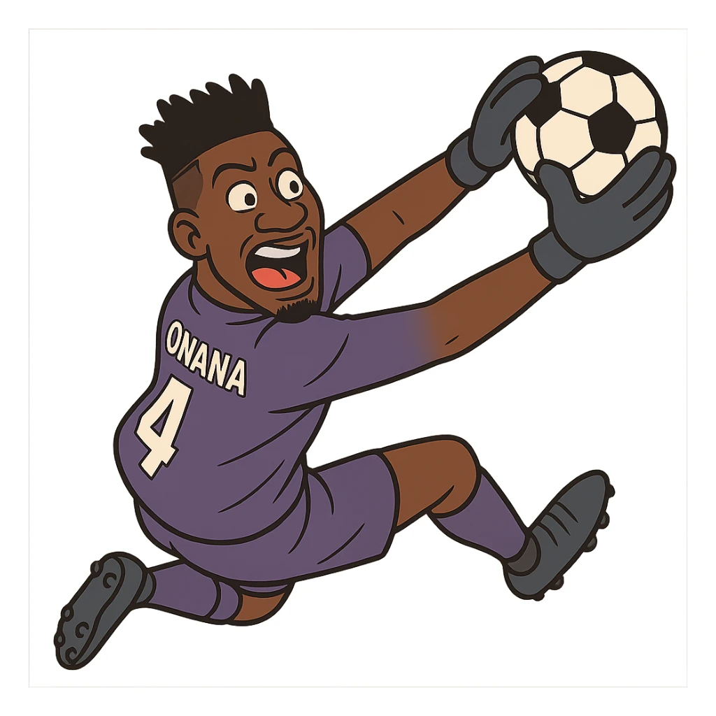 André Onana, cartoon style, in action saving a ball, goalkeeper uniform, energetic expression sticker