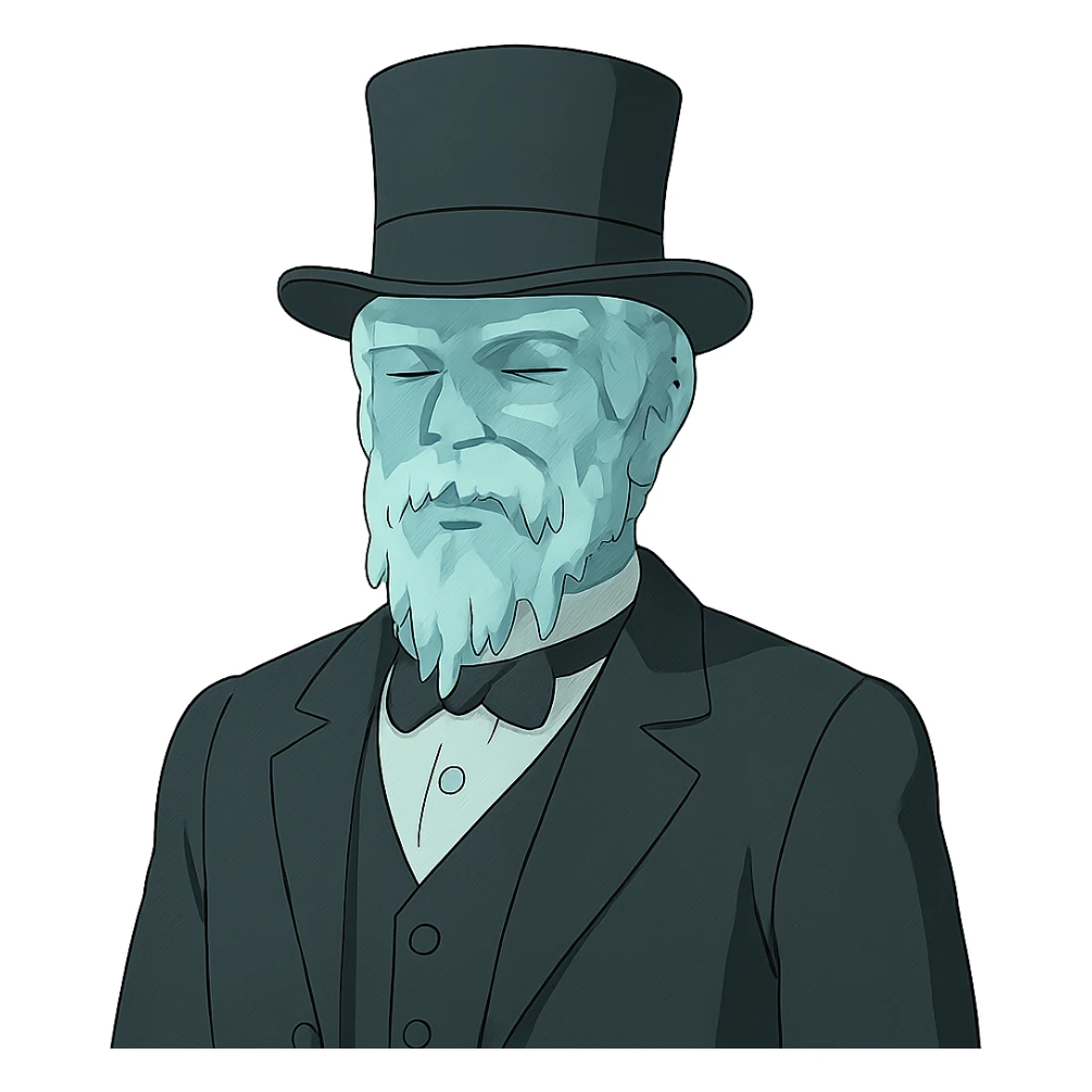 ghibli style frozen man in a black and white suit with a top hat sticker