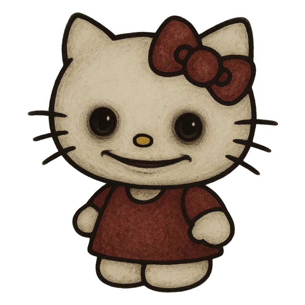uncanny Hello Kitty with unsettling and slightly eerie expression, cute but off-putting style sticker