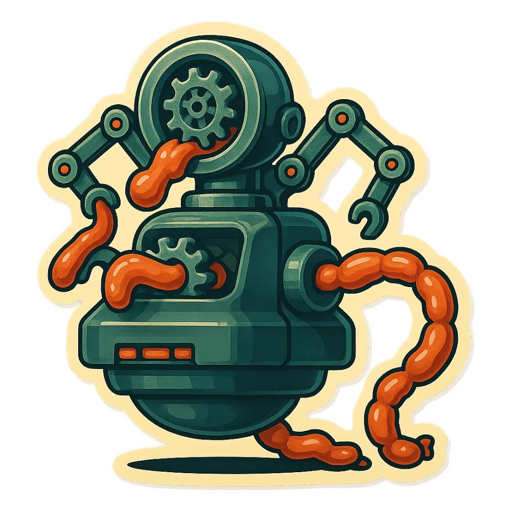 sausage-processing droid. retro-futuristic style. in front is a large industrial grinder rotating gears and blades. Two robotic arms feed material into grinder. Sausage links extrude from the rear like  factory. The body is metallic, compact, and floats above the ground.no legs. Dark humor sticker