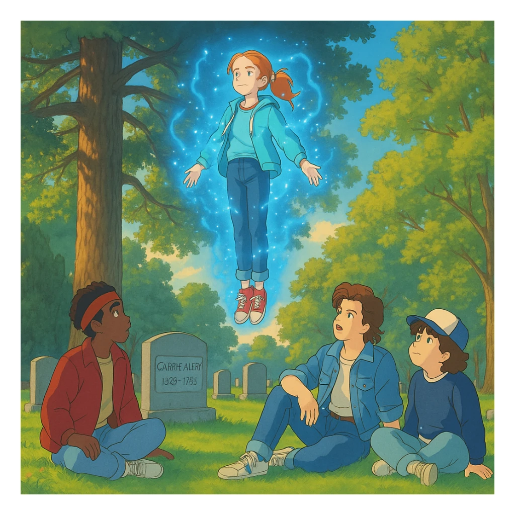 Max from Stranger Things levitating above a grave in a cemetery, with Lucas, Steve, and Dustin watching from the ground. Render in Ghibli style, wide aspect ratio (16:9), supernatural glowing effects around Max. Make Lucas, Steve, and Dustin visually recognizable with their signature hairstyles and outfits. sticker