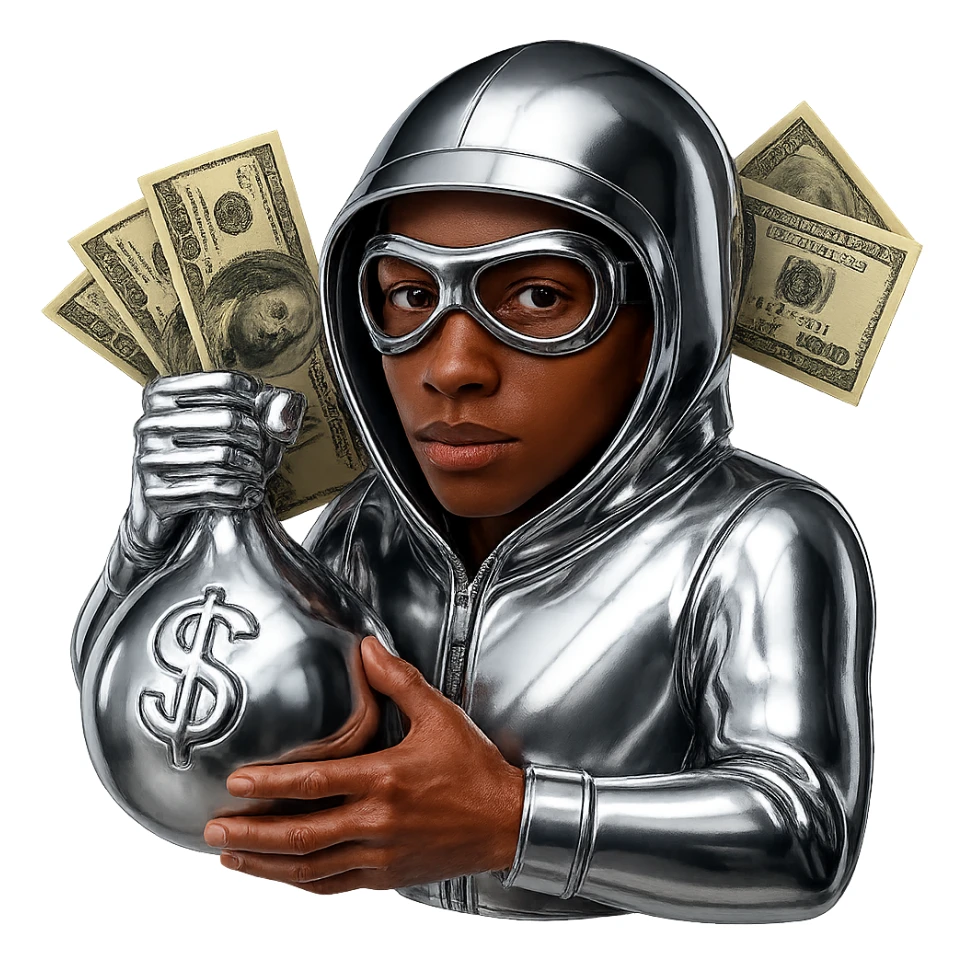 Make the character skinnier and less bulky with a slimmer build. Remove the question mark from the money bag, leaving only the dollar sign. Make the character look younger with smoother skin and more youthful facial features. Keep the realistic dollar bills and the chrome suit style. Preserve the natural skin color for the face and hands, not chrome. sticker