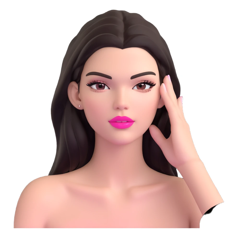 Kendall Jenner supermodel, longer face, long dark hair, bright pink glossy lipgloss, rosy pink blush, bare shoulders sticker