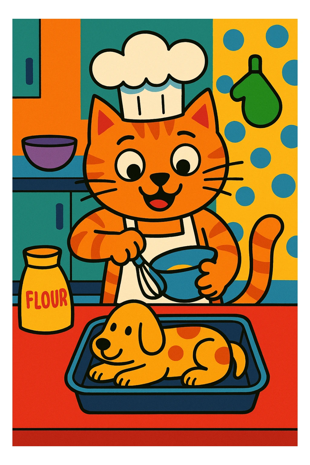 cartoon cat in a chef hat baking a dog-shaped cake, colorful and playful sticker