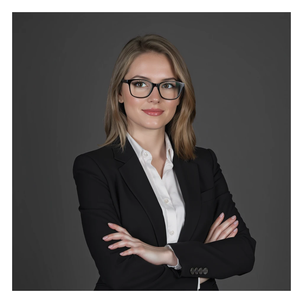 young woman in a tailored suit, arms crossed, looking professional, minimal background sticker