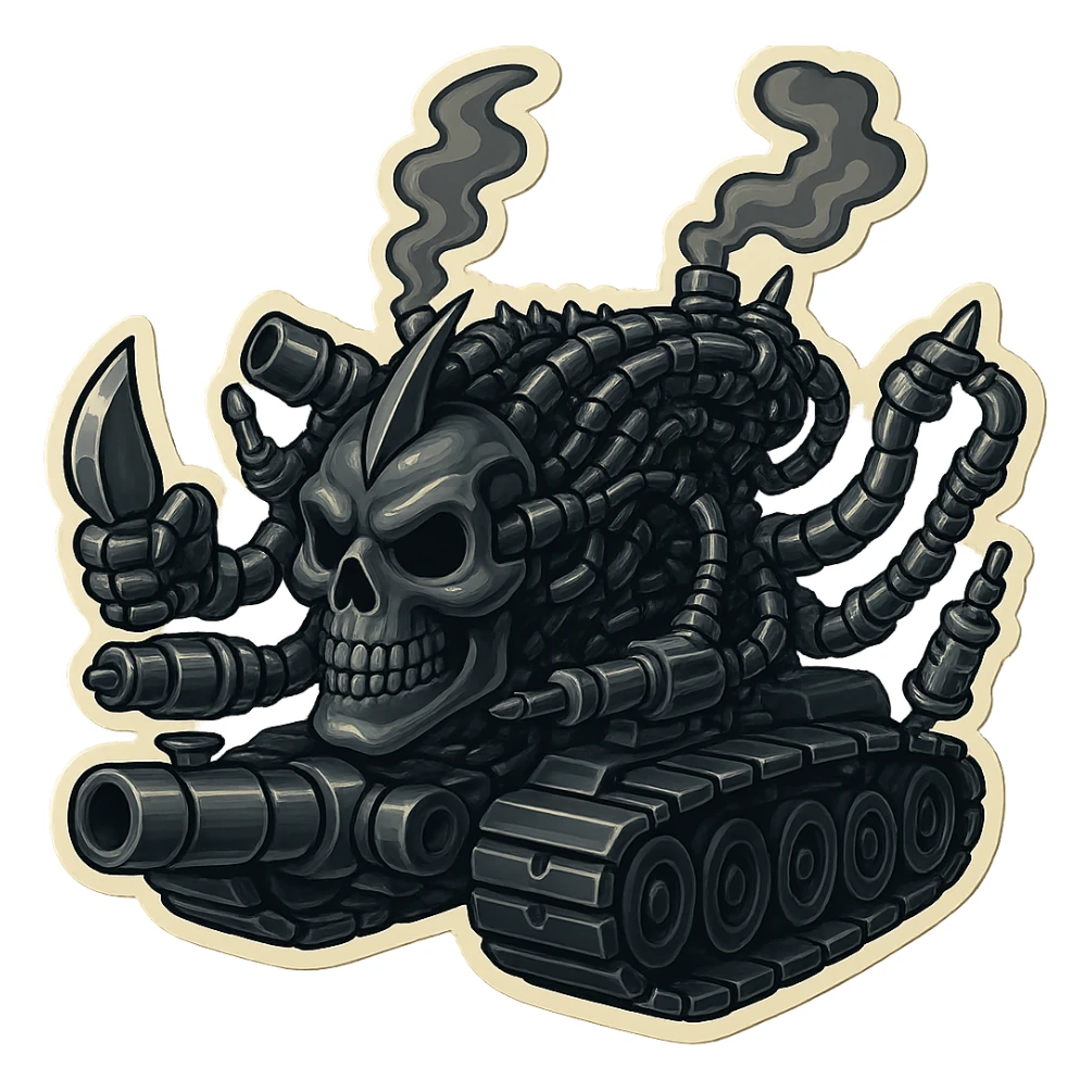 Combine the best features of all three references into a skull robot tank with 4 distinct arms, each hand holding a different weapon: industrial blade, blaster, syringe, and claw. Incorporate the wild, detailed mechanical complexity and low, forward skull face from the first image, the shiny silver-grey metal and compact proportions from the second, and the dark, almost black inner cables and menacing vibe from the third. Render in retro stickers style with a clean outline and transparent background. sticker