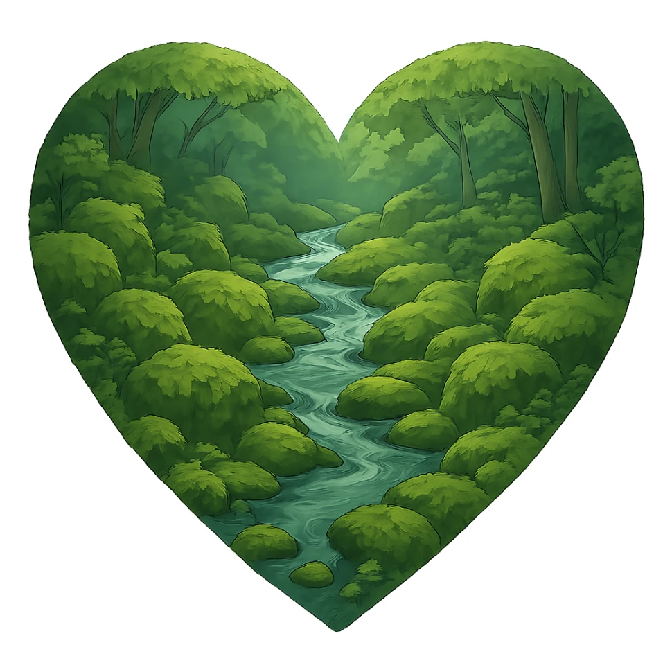heart with a lush mossy creek, clean digital illustration, no background sticker