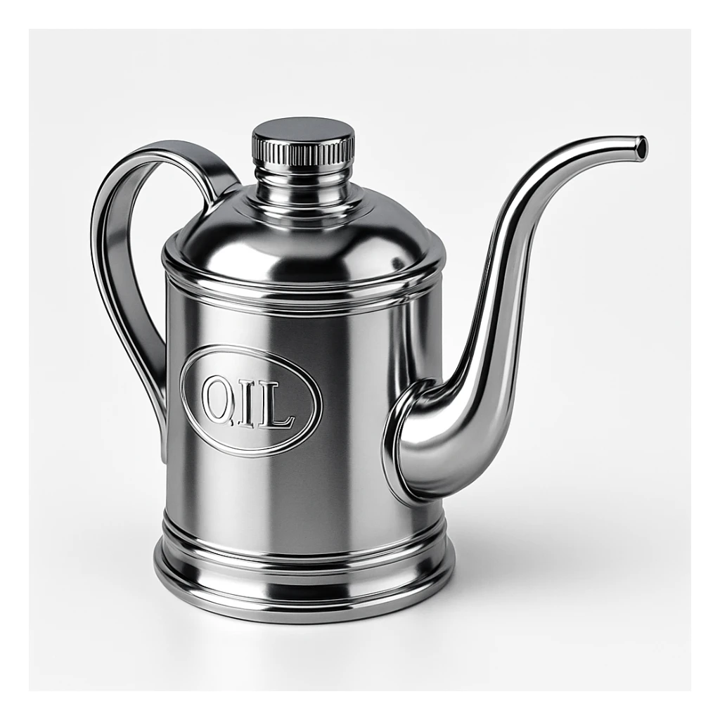 metallic oil can with spout on the right, shiny surface, stylized sticker