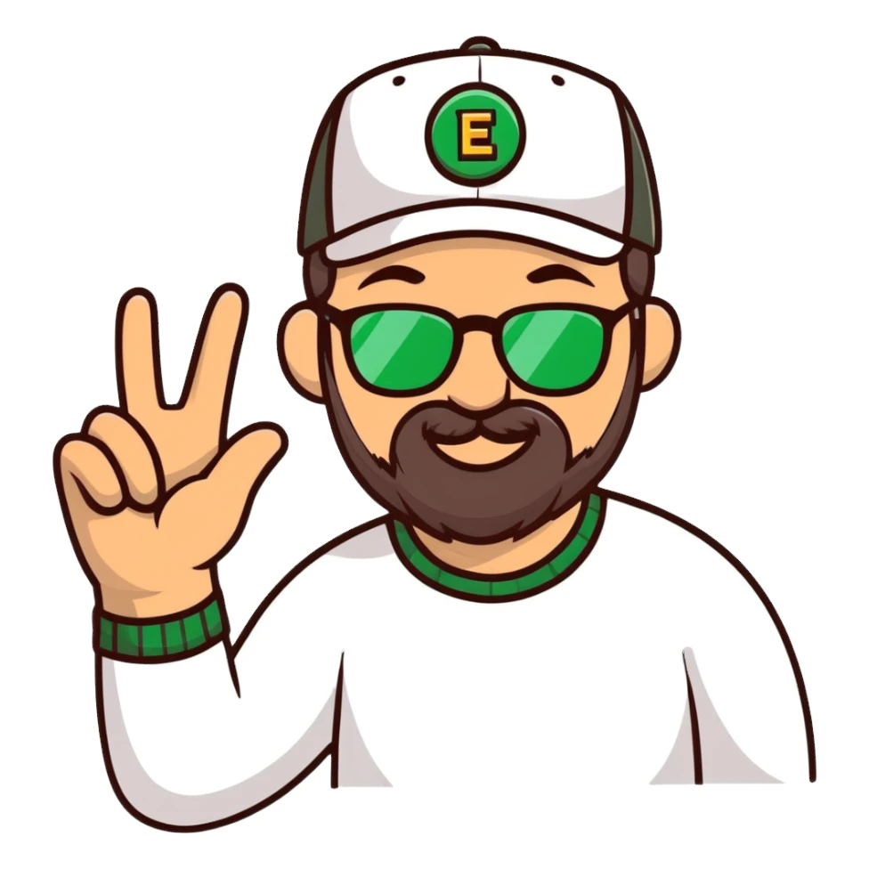 A man with a cap and glasses with dark brown beard and green eyes is waving with a hand hello sticker