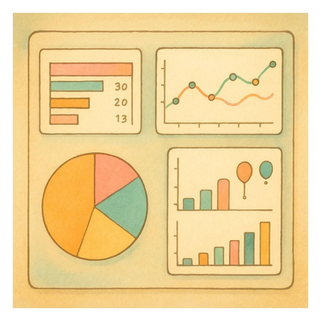 dashboard with ghibli style, soft colors and whimsical charts sticker