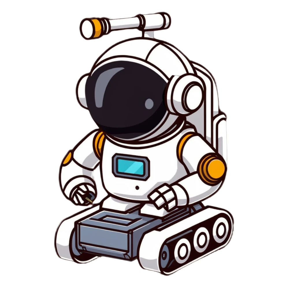 Industrial robot with exposed wiring and heavy metal plating sticker