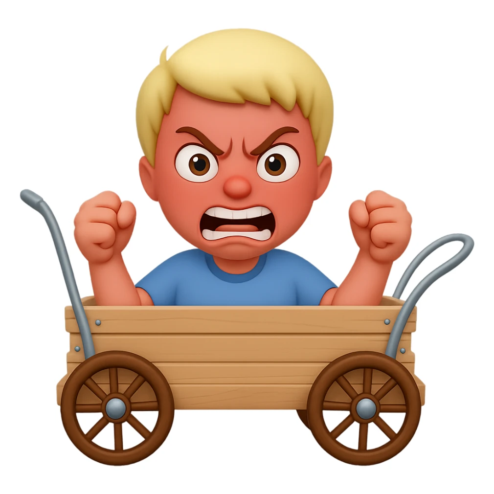 Make the silly character riding the wagon look angrier with an exaggerated angry face and clenched fists, but keep it funny. Preserve transparent background. sticker