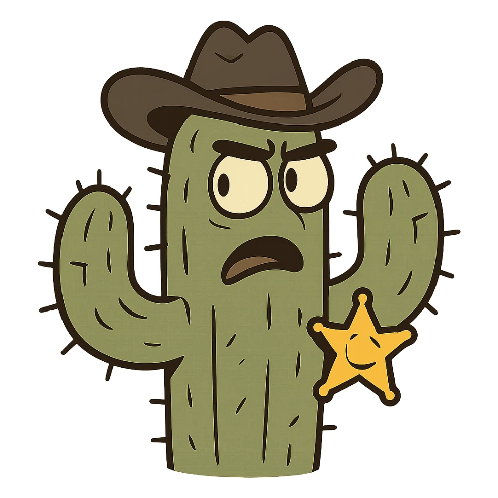 cactus with a sheriff badge, western cartoon style sticker