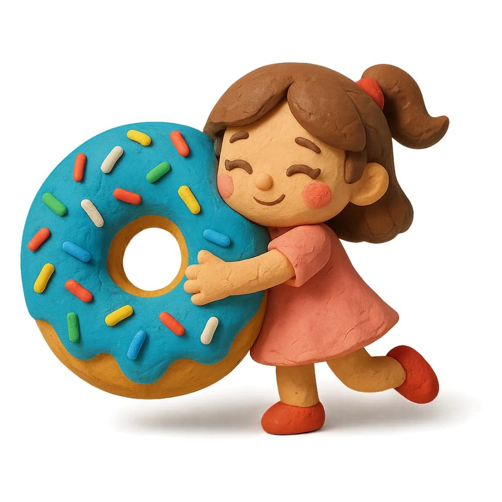claymation style chibi girl hugging giant donut with sprinkles sticker
