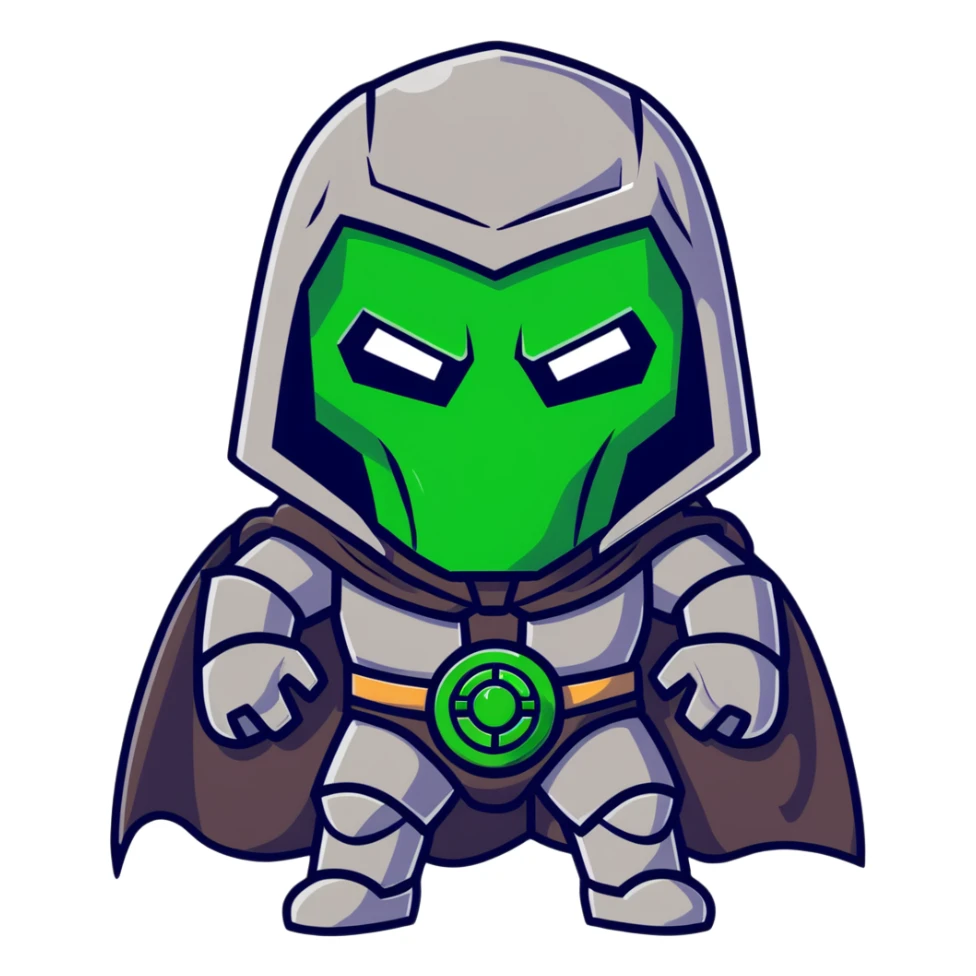 Doctor Doom with glowing green eyes and metal mask sticker