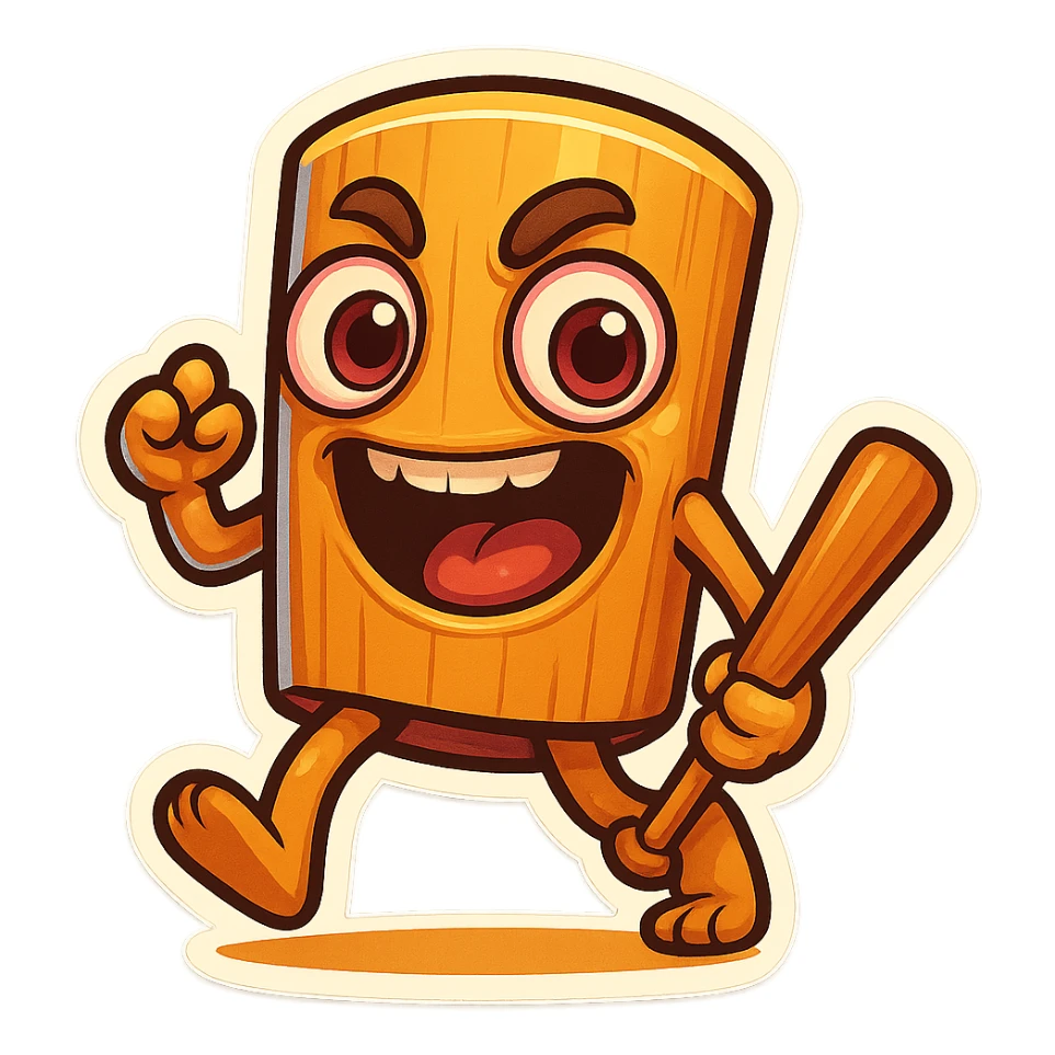  image of absurd wooden stick-man creature, drum-like cylindrical body, holding baseball bat, cartoon style, bright vivid colors, expressive face, dynamic pose, a bit creepy yet funny,  sticker