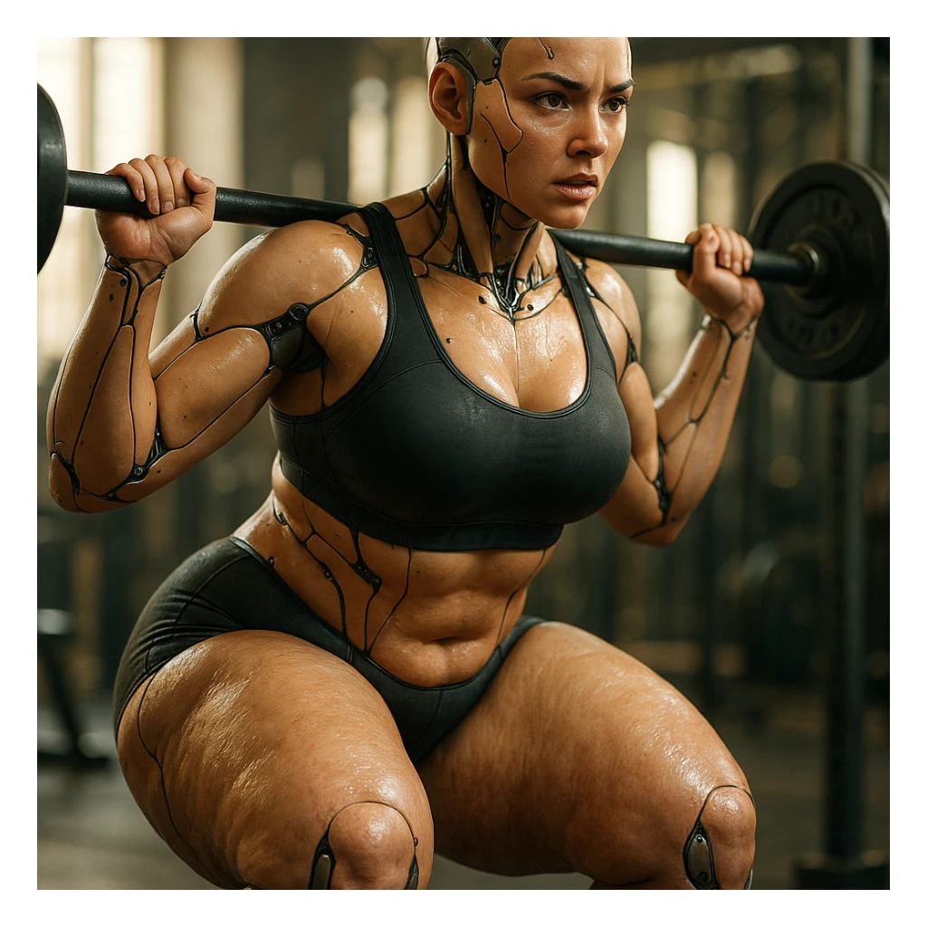 hyper realistic 4K gynoid woman training, fat on legs and thighs, muscular details, motivational atmosphere sticker