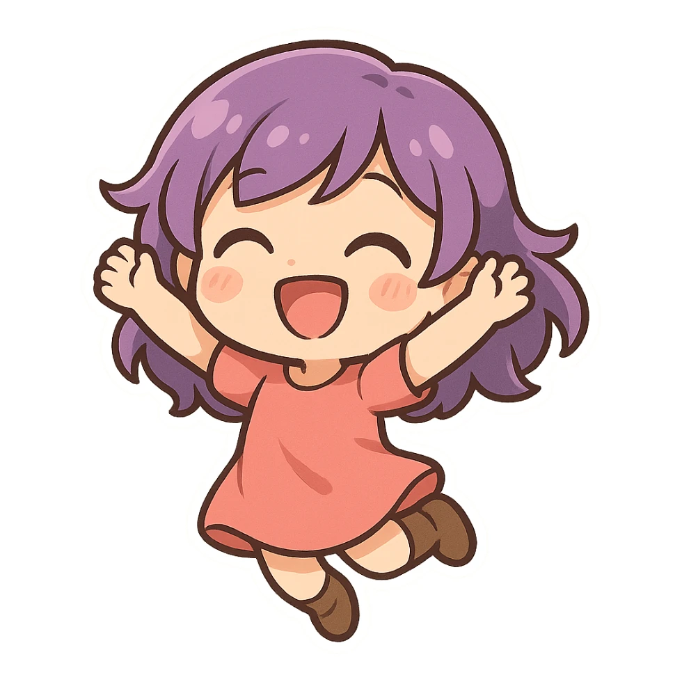 chibi girl with purple hair, jumping, cute chibi stickers illustration style sticker