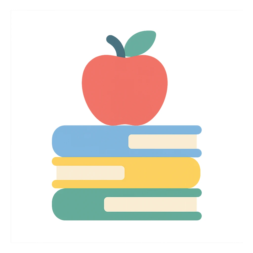 stack of colorful books with an apple on top, flat icon style sticker