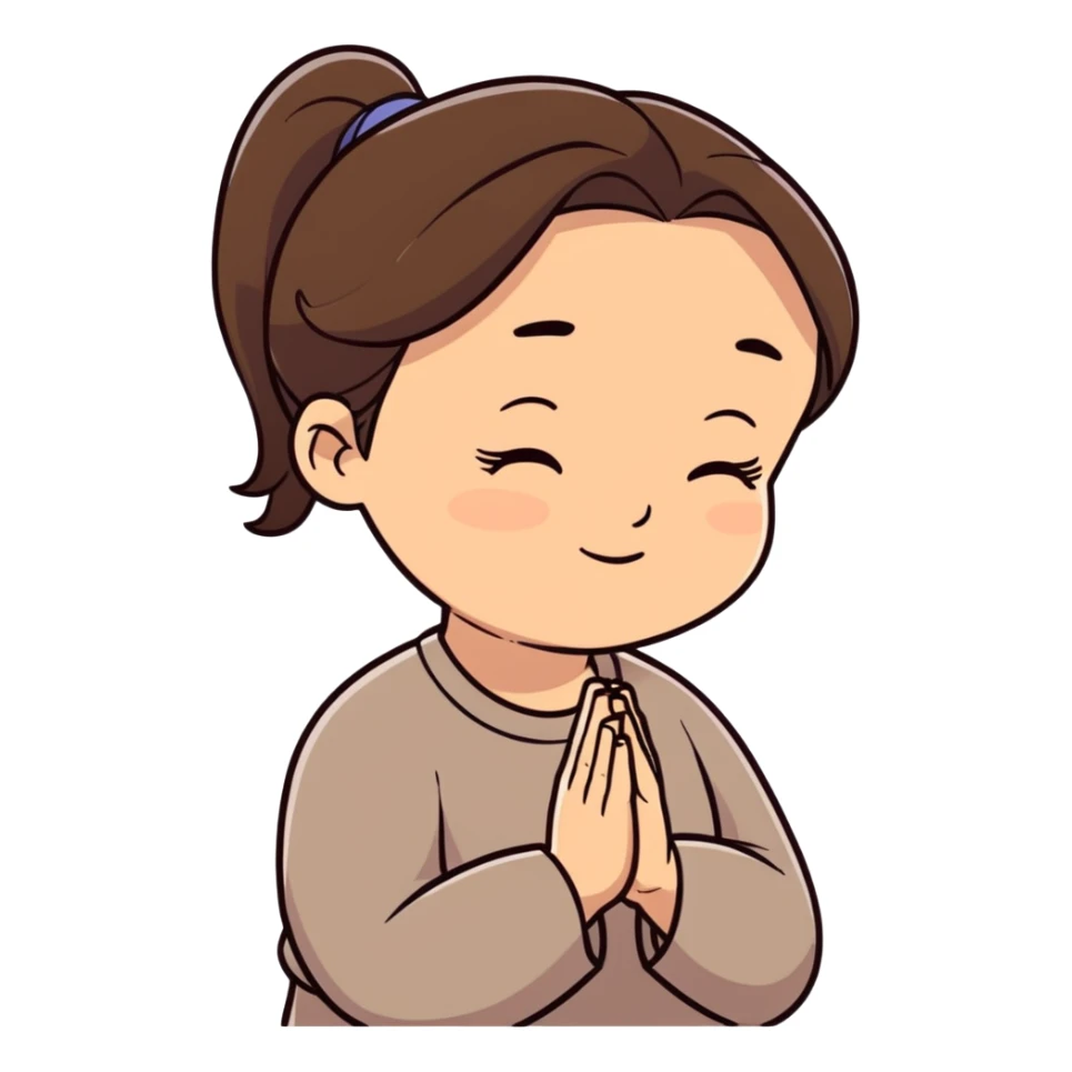 Photorealistic middle aged woman medium dark brown hair in ponytail light medium skin praying sticker