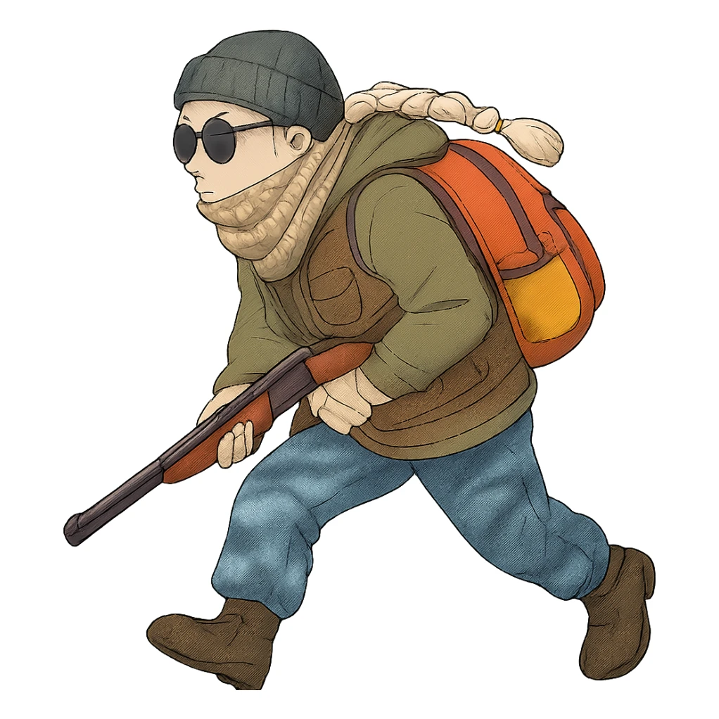 1 female, long white braid, knit cap, dark sunglasses, shemegh neckwrap, fishing vest, vibrant shool backpack, drab hoodie, handwraps, blue camo pants, Blaser Bbf-95, hunched over, on the move sticker
