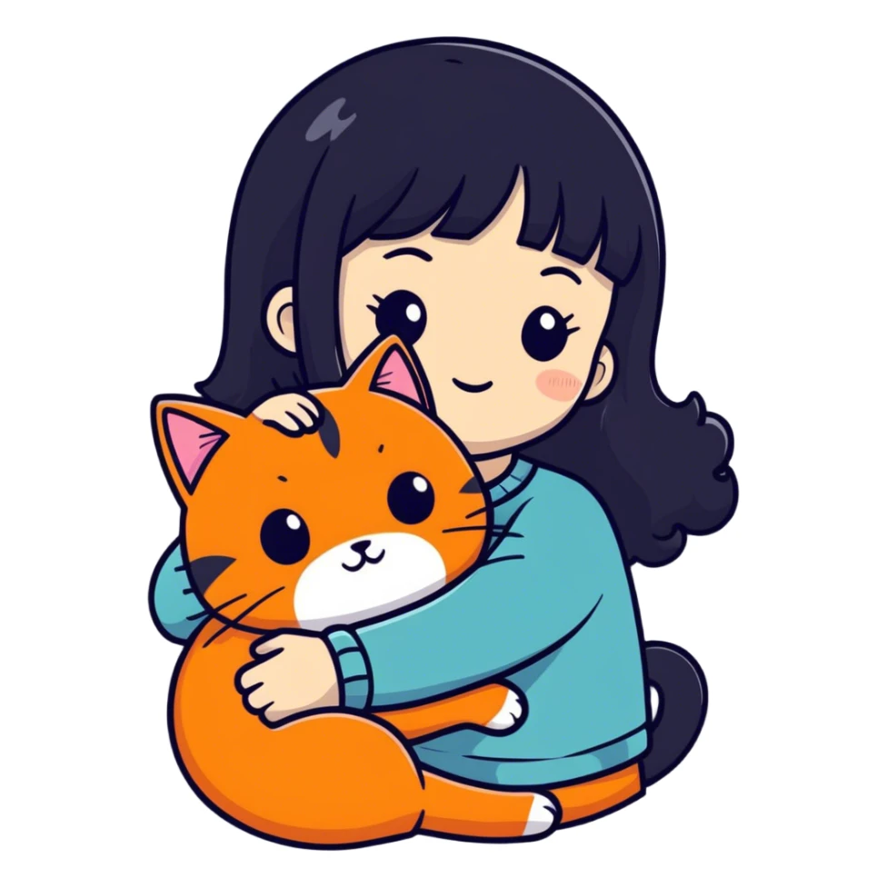 black haired girl hugging an orange cat sticker