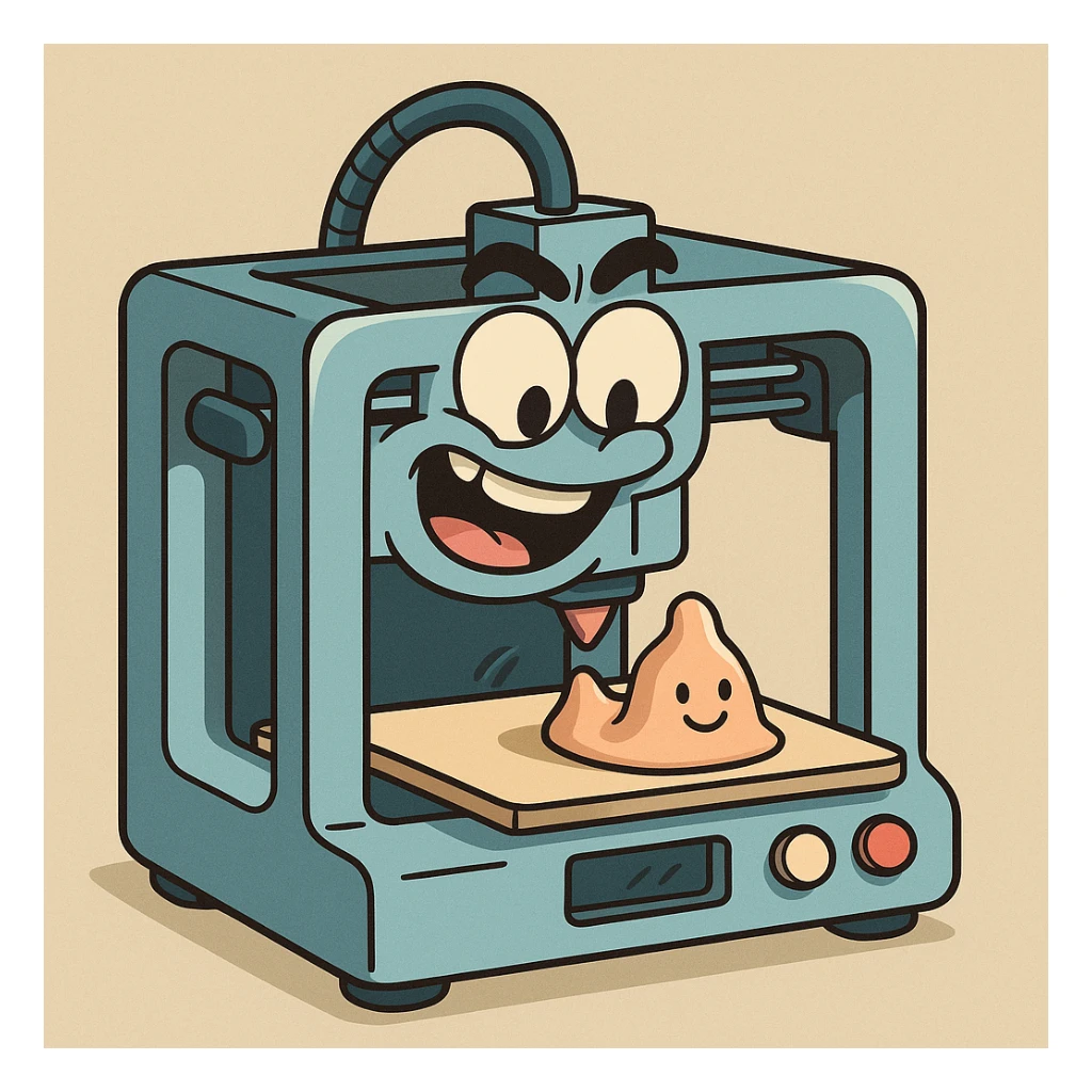 cartoon style 3D printer with playful and exaggerated features sticker