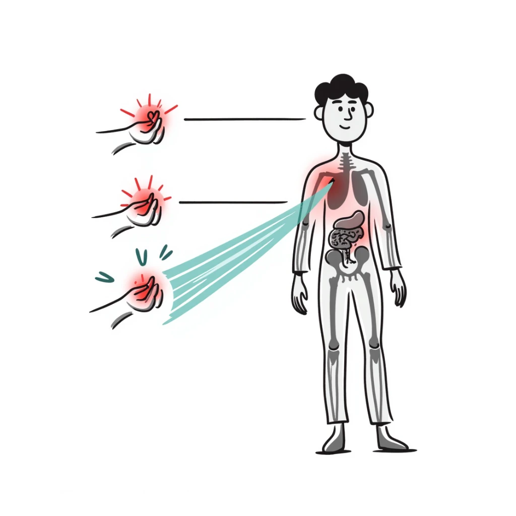 Anti-inflammatory process medical diagram: transparent human body with glowing joints and organs, blue-green healing energy waves neutralizing red inflammation spots, clinical aesthetic with soft lighting and futuristic background sticker