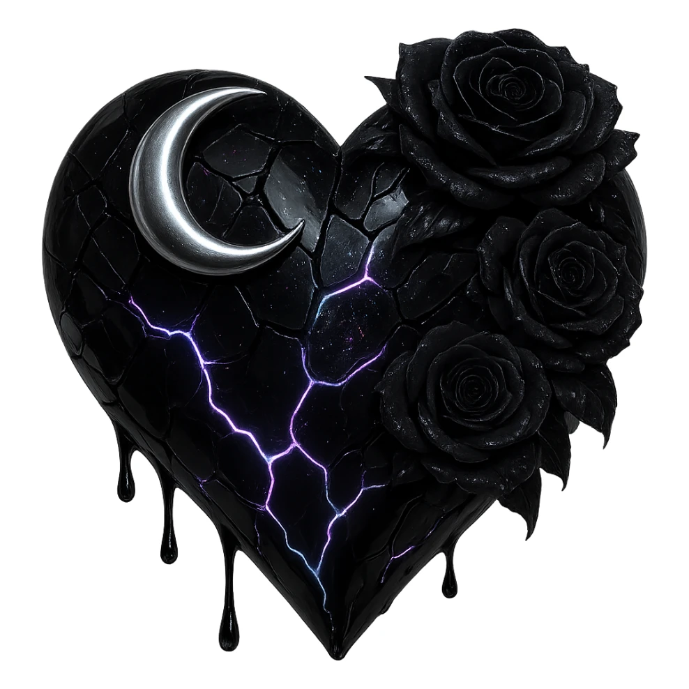 Edit the gothic heart to use fractured deep black glass, silver crescent moon, black roses, iridescent holographic stardust, neon lightning bolts, and a wet, shiny finish. Keep the background transparent. sticker