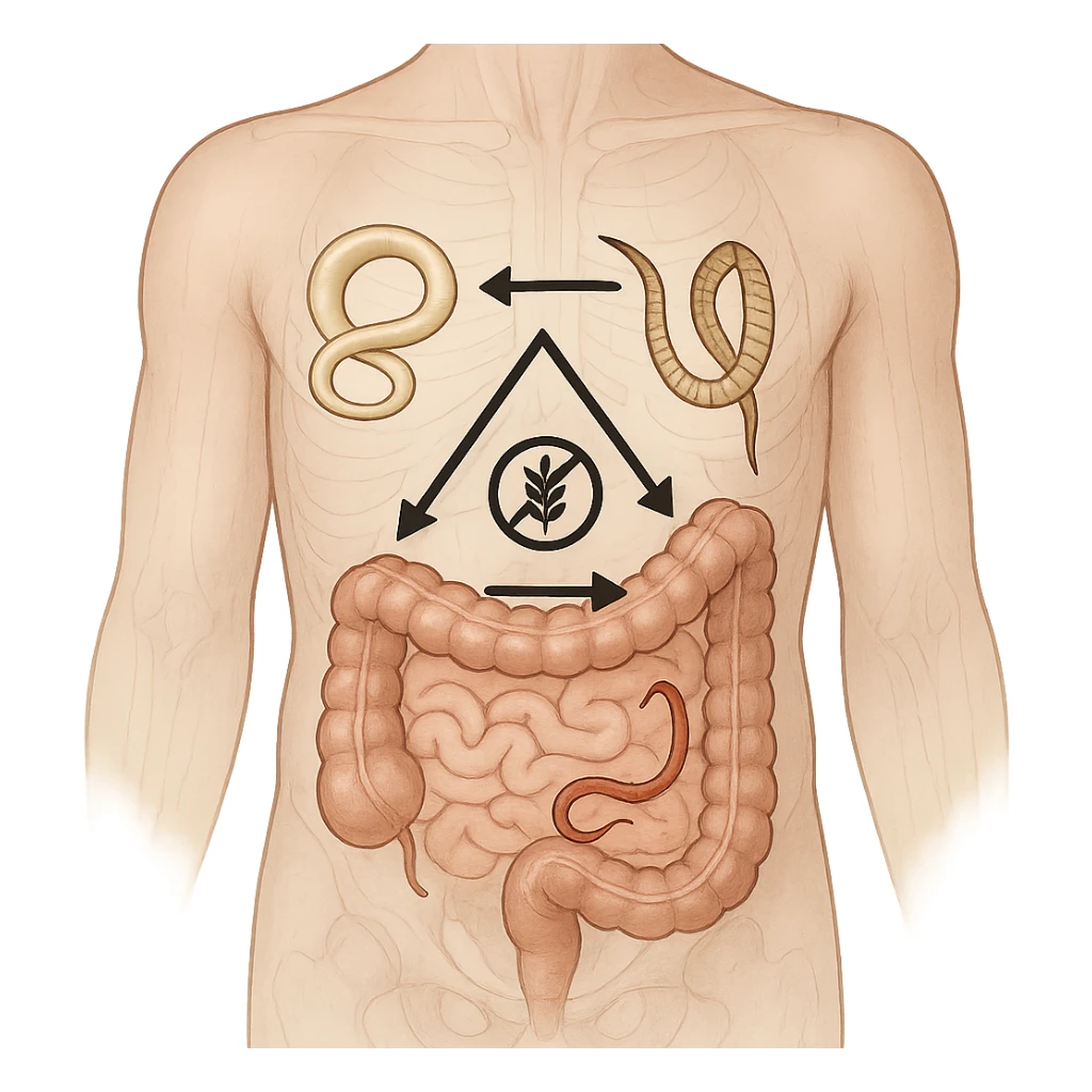 semi-realistic transparent abdomen with all three parasites present, arrows and icons showing competition for resources, medical illustration, neutral background sticker