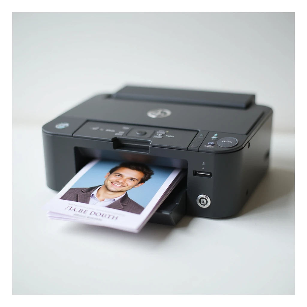 realistic thumbnail image for a passport size photo printing service, showing only a printer and a stack of printed passport photos on a clean background sticker