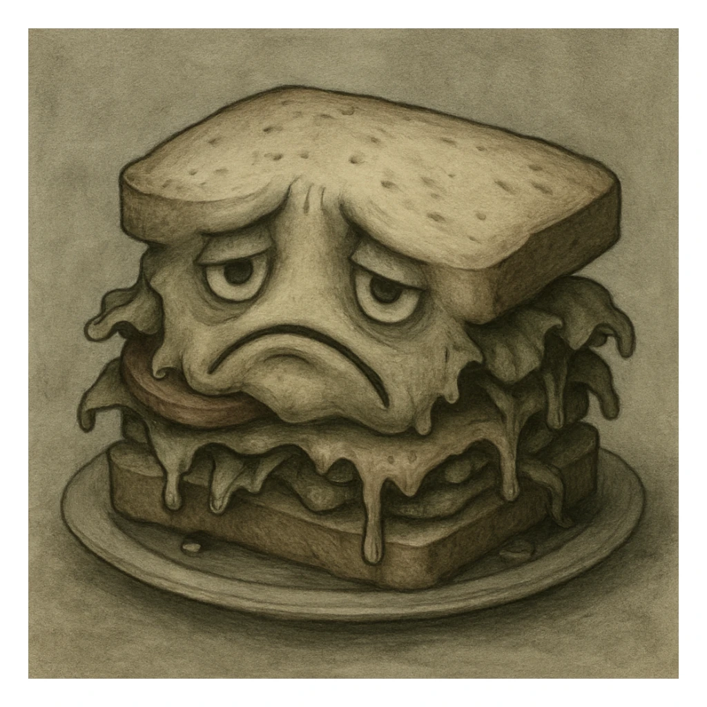 a sandwich looking gloomy with a frowning face, soggy ingredients, muted tones sticker