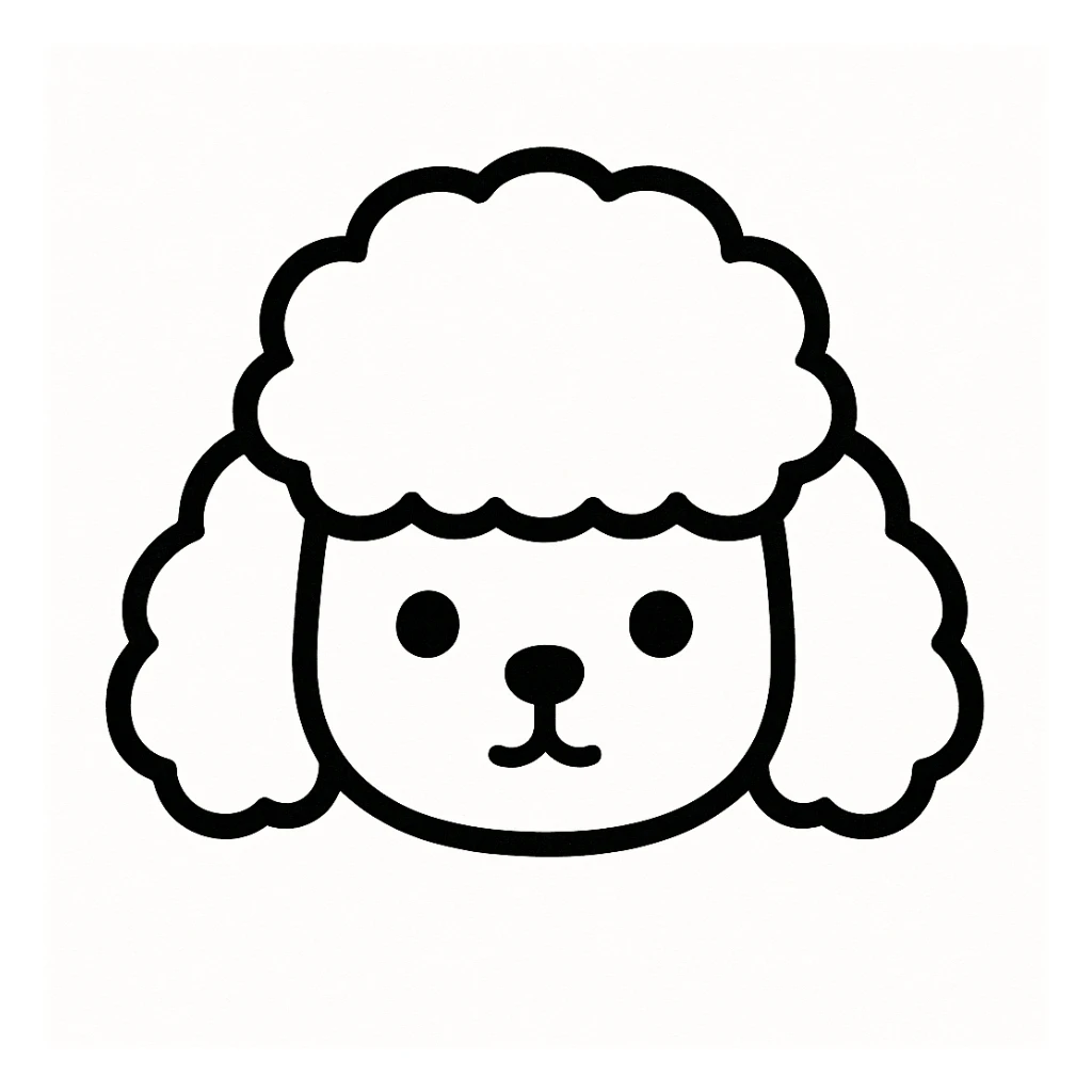 kawaii minimalist cartoon dog head inspired by poodle with round, fluffy head, curly droopy ears, wide-set dot eyes, tiny round nose, upside-down 'Y' mouth. thick, bold black lines only, white background, no color or shading. calm, gentle, symmetrical, and cozy. slight hand-drawn feel, very polished, perfect for stickers or coloring books. sticker