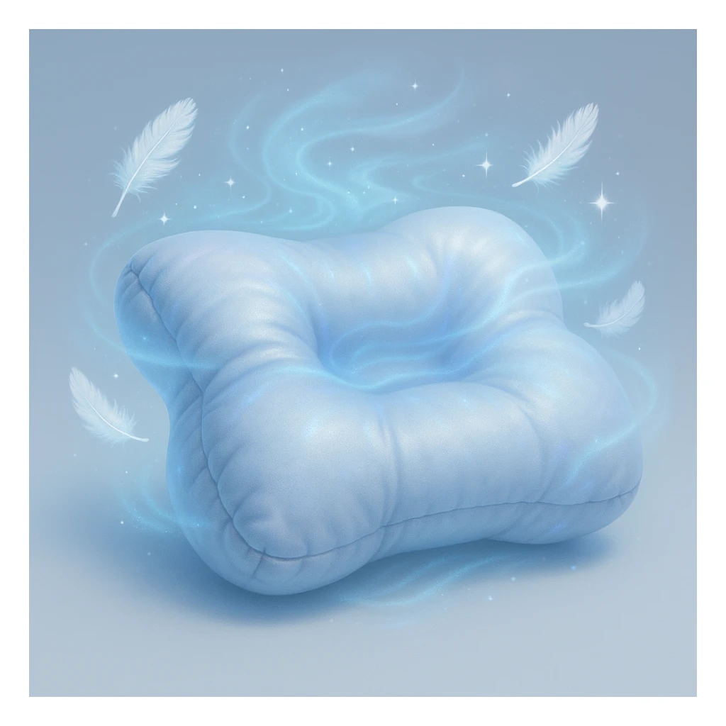 magical ethereal pillow shimmering with cool silver and icy blue light, swirling gently like mist, soft airy feathers floating around it glowing with tiny sparkles, soothing frost aura radiating from the pillow symbolizing refreshing coolness, waves of gentle supportive energy cradling a person's neck and head banishing pain like an enchanted spell creating peaceful dreamy sleep under a starlit sky sticker