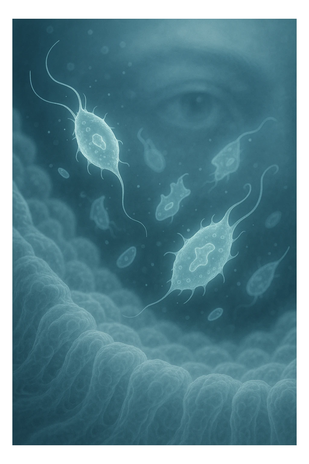 A detailed macro-style image of a translucent human intestinal wall under extreme magnification. Floating nearby are multiple protozoa — small, semi-transparent, shapeshifting organisms with flagella or cilia, glowing faintly under the microscope. In contrast, a faded overlay silhouette of a human eye is shown in the background, symbolizing how these organisms are invisible to unaided vision. The scene is softly lit with cool bluish tones, evoking a clinical and microscopic atmosphere. Focus is hyper-sharp on the protozoa, with blurred organic tissue textures in the background. Educational yet haunting, it shows how much remains unseen inside the body sticker