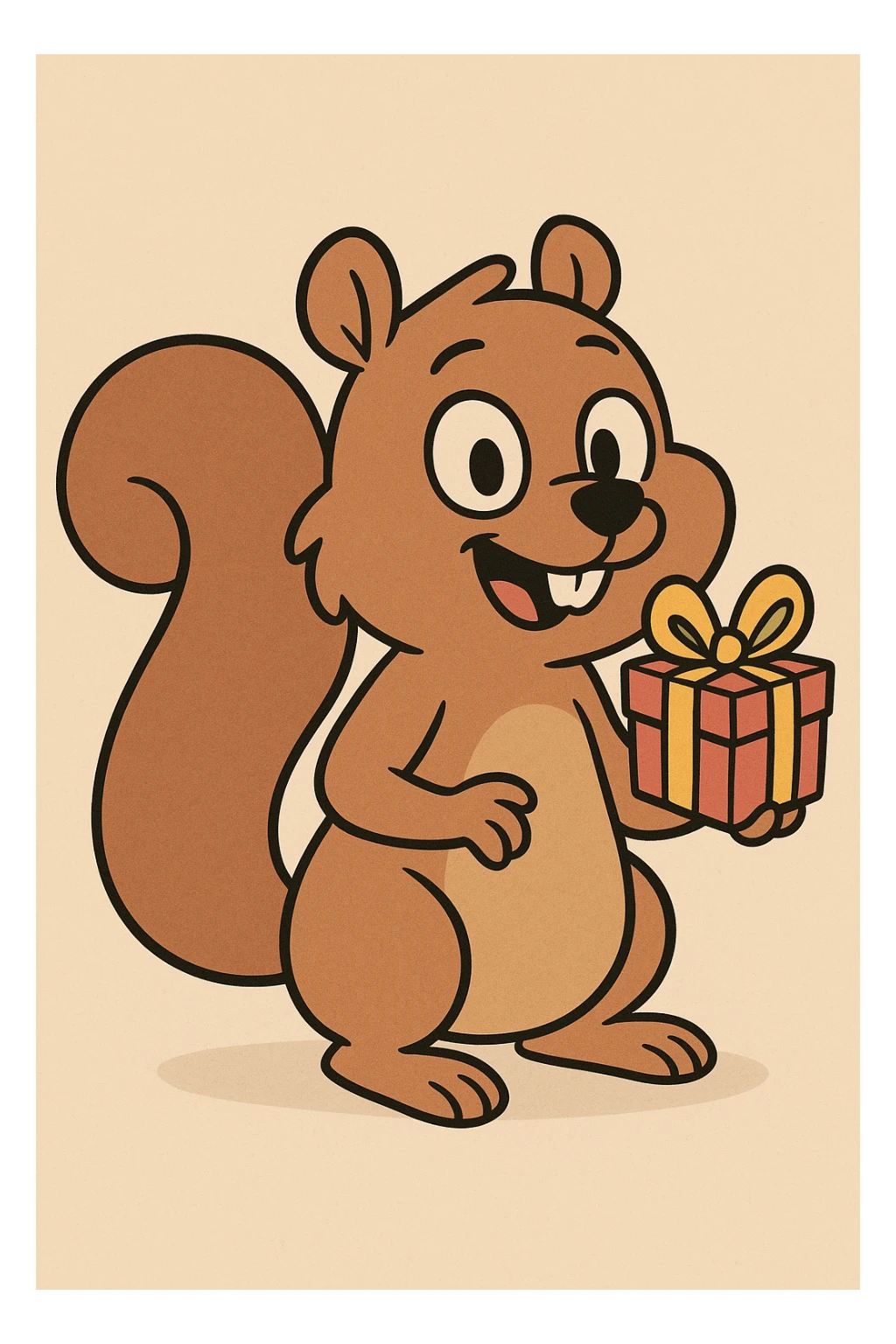 cute and simple squirrel with a wrapped gift in one paw, playful and friendly sticker