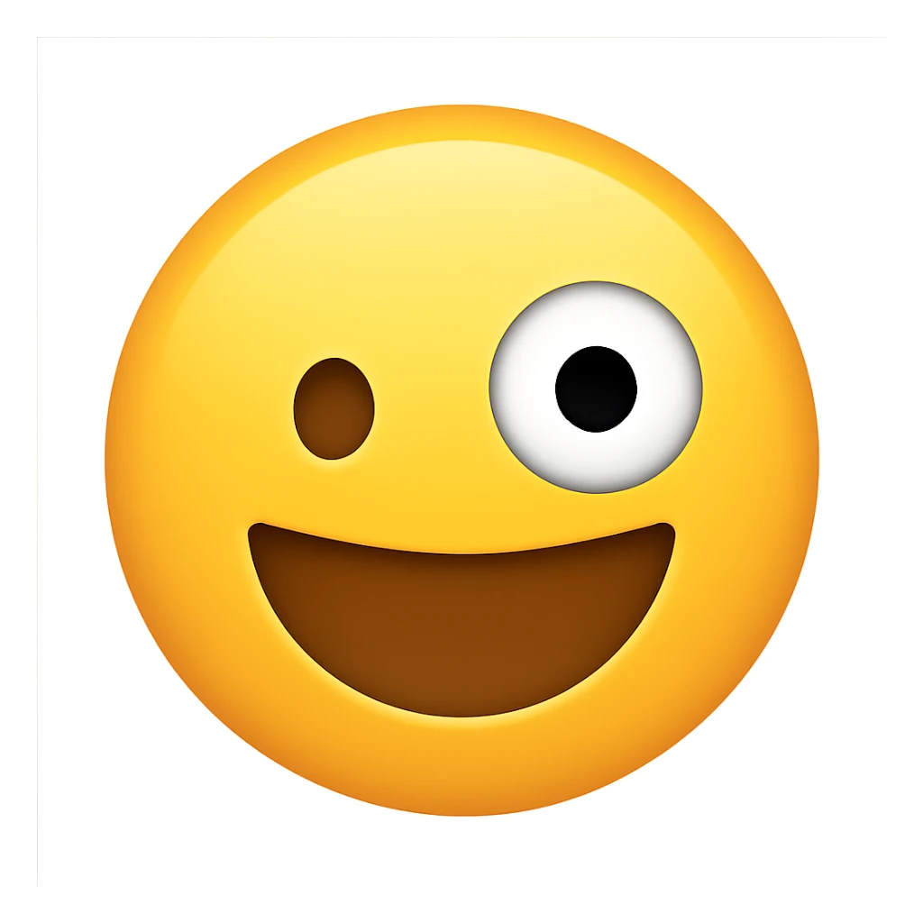 Make this a classic smiley yellow circled emoji with one large and one small eye, in the style of Emojipedia. Keep the background transparent. sticker