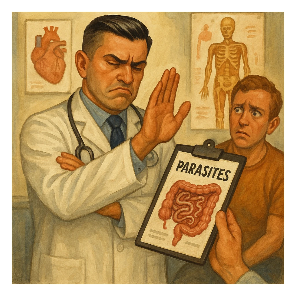 Create a semi-realistic or expressive style image of a male doctor inspired by the reference image, wearing a white coat. The doctor is dismissively waving his hand at a medical report showing intestinal parasites, with a closed or indifferent expression. A patient nearby looks confused. The setting is clinical with anatomical posters. The tone is critical and ironic about denial of health issues. sticker
